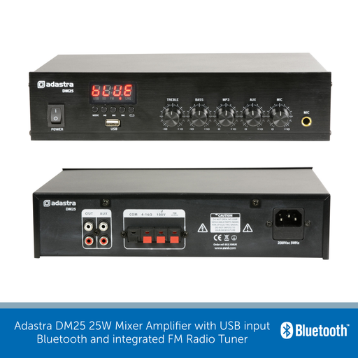 Adastra DM25 25W Mixer Amplifier with USB input, Bluetooth & integrated FM Radio Tuner