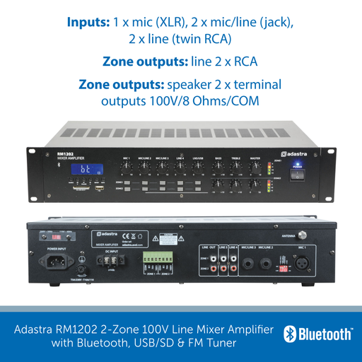 Showing the connections for a Adastra RM1202 2-Zone 100V Line Mixer Amplifier
