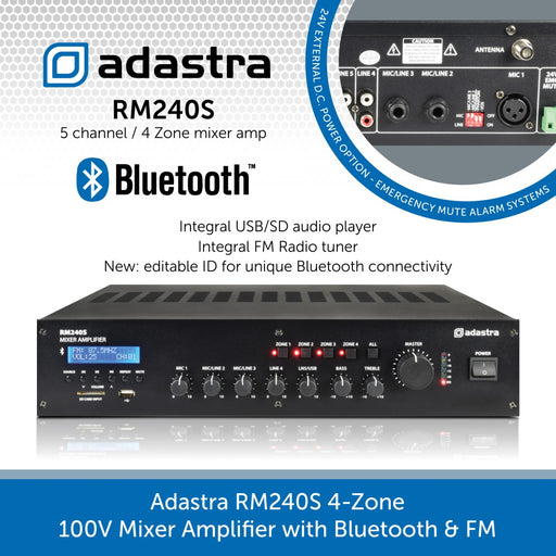 Adastra RM240S 4-Zone 100V Mixer Amplifier with Bluetooth & FM