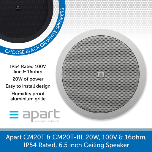 Apart Audio CM20T & CM20T-BL 20W, 100V & 16ohm, IP54 Rated, 6.5 inch Ceiling Speaker - Water Resistant