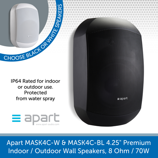 Apart Audio MASK4C-W & MASK4C-BL 4.25 inch, Premium Indoor or Outdoor Wall Speakers, 8 Ohm, 70W