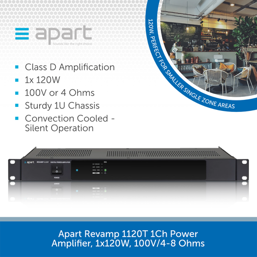 Apart Revamp 1120T 1Ch Power Amplifier, 1x120W, 100V/4-8 Ohms