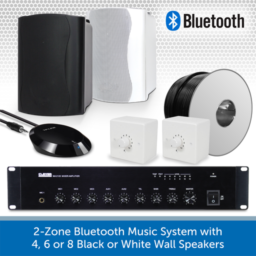 2-Zone Bluetooth & FM Music System with 4, 6 or 8 Black or White Wall Speakers