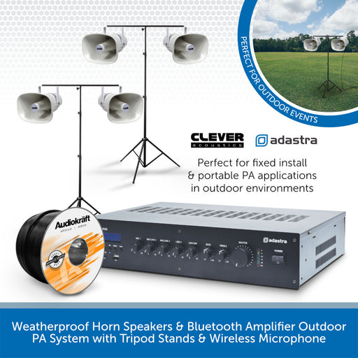 Weatherproof Horn Speakers & Bluetooth Amplifier Outdoor PA System with Tripod Stands & Wireless Microphone
