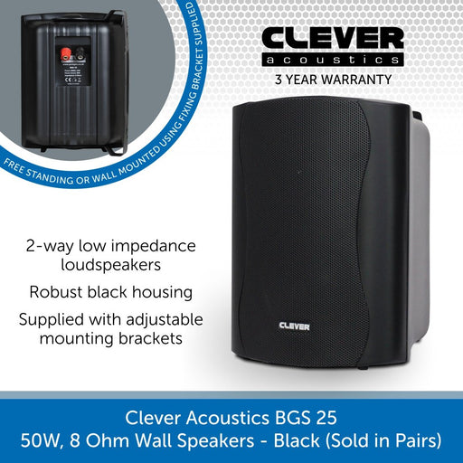 Clever Acoustics BGS 25 50W 8 Ohm Wall Speakers, Black (Pair)
