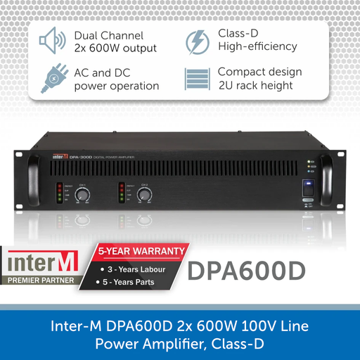 Inter-M DPA600D 2x 600W 100V Line Power Amplifier, Class-D - for professional PA, AV & background music installations