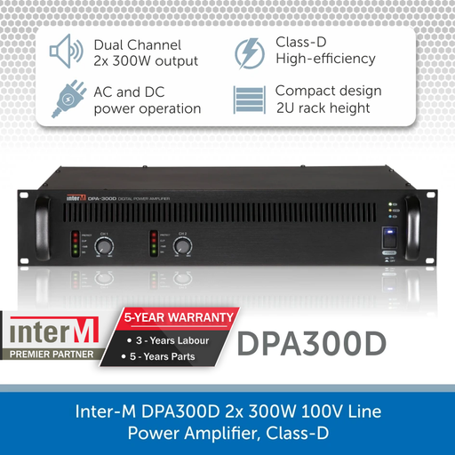 Inter-M DPA300D 2x 300W 100V Line Power Amplifier, Class-D - for professional PA, AV & background music installations
