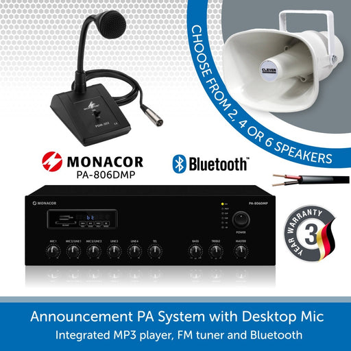Public Address Speaker System with Desktop Paging Microphone - 2, 4 or 6 Horn Speakers