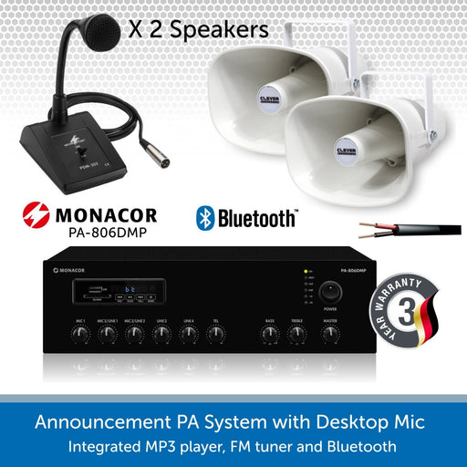 Public Address Speaker System with Desktop Paging Microphone - 2, 4 or 6 Horn Speakers