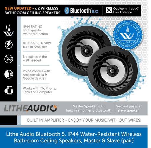 Lithe Audio Bluetooth 5, IP44 Water-Resistant Wireless Bathroom Ceiling Speakers, Master & Slave (pair)