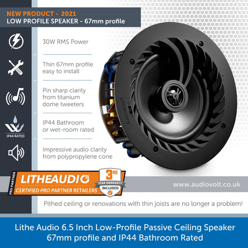 Lithe Audio 6.5 Inch Low-Profile Passive Ceiling Speaker - 67mm profile & IP44 Bathroom Rated