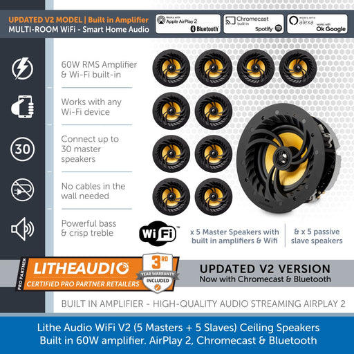 Lithe Audio WiFi Multi Room Ceiling Speakers V2 5 Masters and 5 Slaves