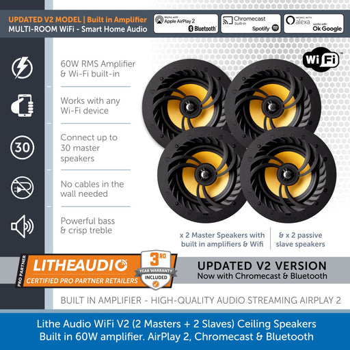 Lithe Audio WiFi V2 Multi Room Ceiling Speakers 2 Masters and 2 Slaves