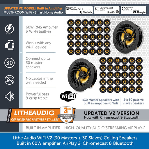 Lithe Audio WiFi V2 Multi Room Ceiling Speakers 30 Masters and 30 Slaves
