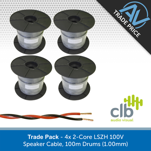 Trade Pack - 4x 2-Core LSZH 100V Speaker Cable, 100m Drums (1.00mm)