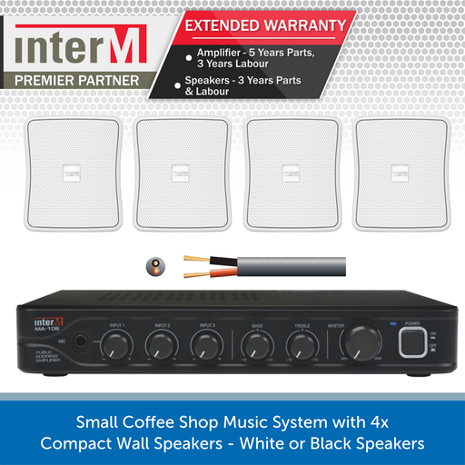 Small Coffee Shop Music System with 4x Compact Wall Speakers - White or Black Speakers