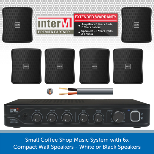 Small Coffee Shop Music System with 6x Compact Wall Speakers - White or Black Speakers
