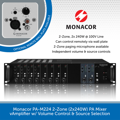 Monacor PA-M224 2-Zone (2x240W) PA Mixer Amplifier w/ Volume Control & Source Selection