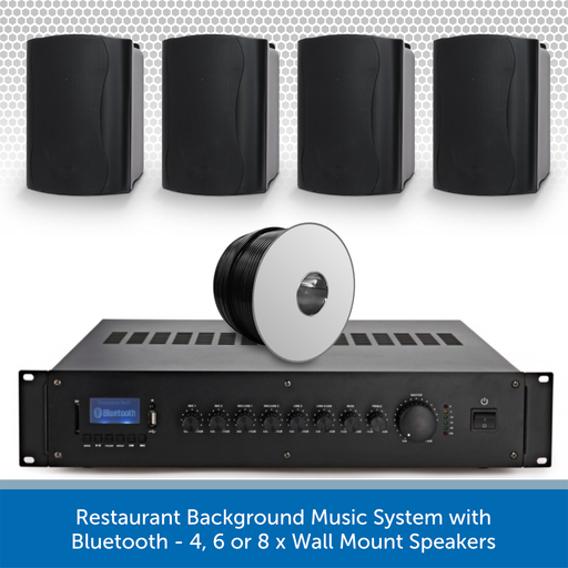 Restaurant Background Music System with Bluetooth - 4, 6 or 8 x Wall Mount Speakers