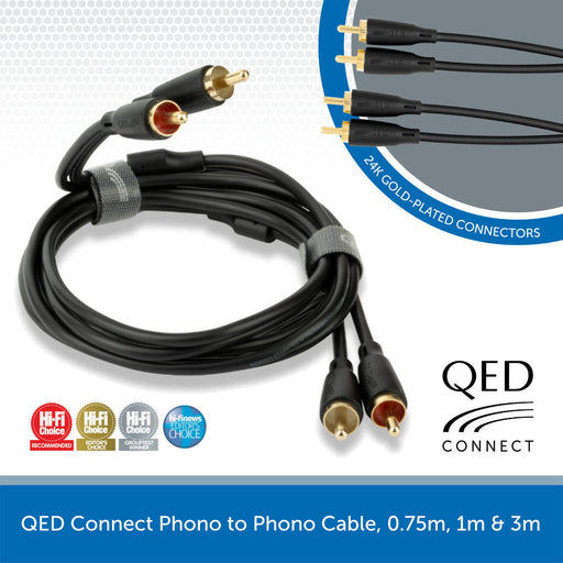 QED Connect Phono to Phono Cable, 0.75m, 1m & 3m