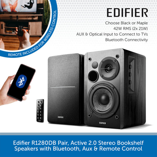 Edifier R1280DB Pair, Active 2.0 Stereo Bookshelf Speakers with Bluetooth, Aux & Remote Control