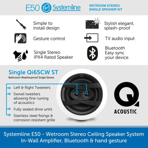 Systemline E50 - Wetroom Single Stereo Ceiling Speaker System, In-Wall Amplifier, Bluetooth & hand gesture