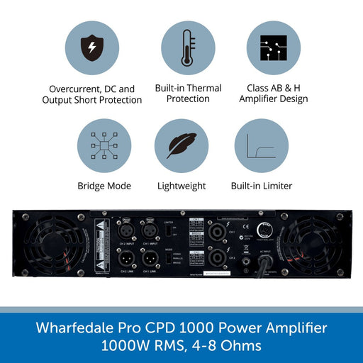 Back of a Wharfedale Pro CPD 1000 Power Amplifier, 1000W RMS, 4-8 Ohms
