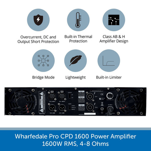 Back of a Wharfedale Pro CPD 1600 Power Amplifier, 1600W RMS, 4-8 Ohms